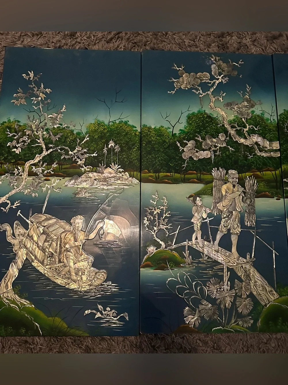 Vintage 4-Panel Vietnamese Laquer & Mother of Pearl Wall Decor 32x64